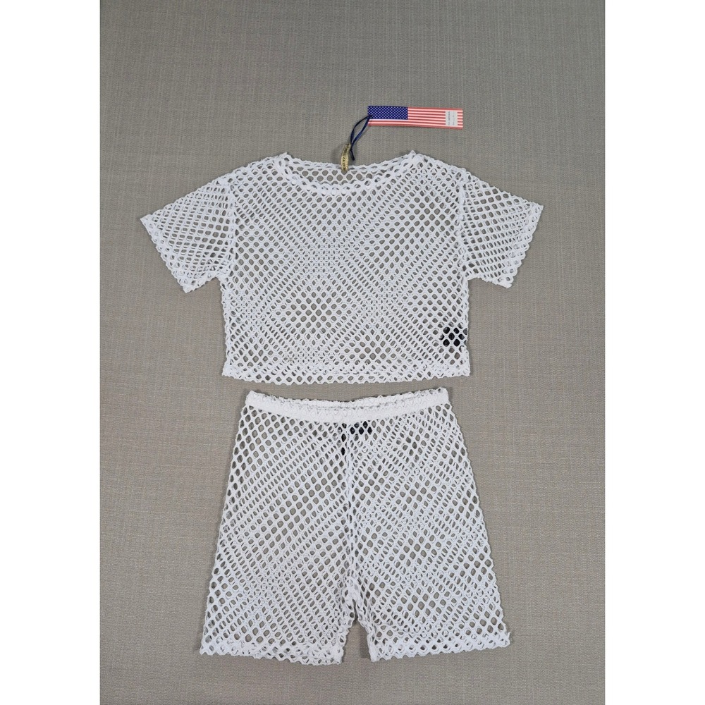American Leisure Womens White Mesh 2 Piece Crop Top and Shorts Set Size S NEW